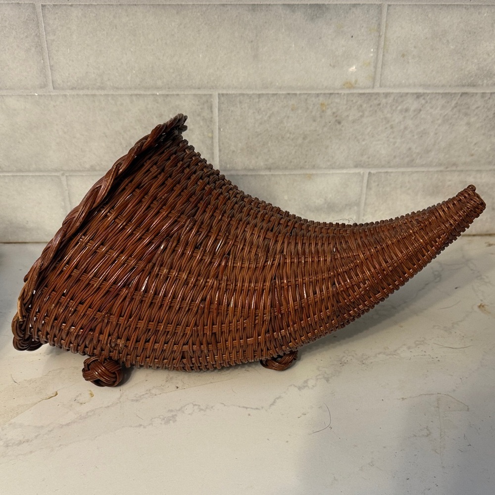 Brown wicker Woven Cornucopia Basket vintage